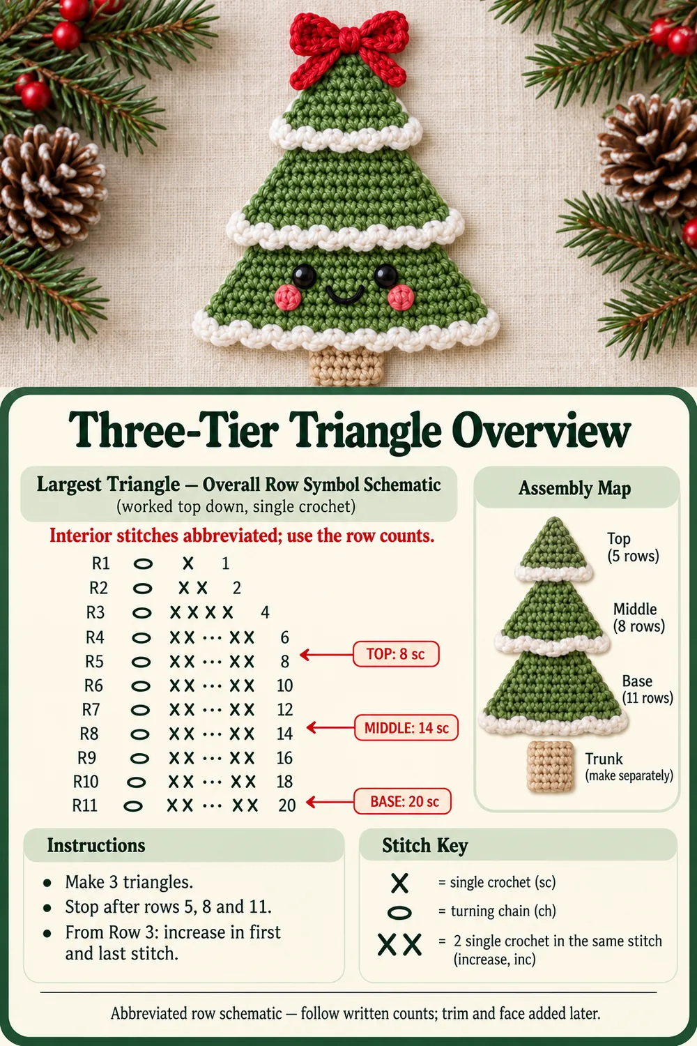 Smiling crochet Christmas tree photo above an abbreviated triangle row schematic with three stopping points