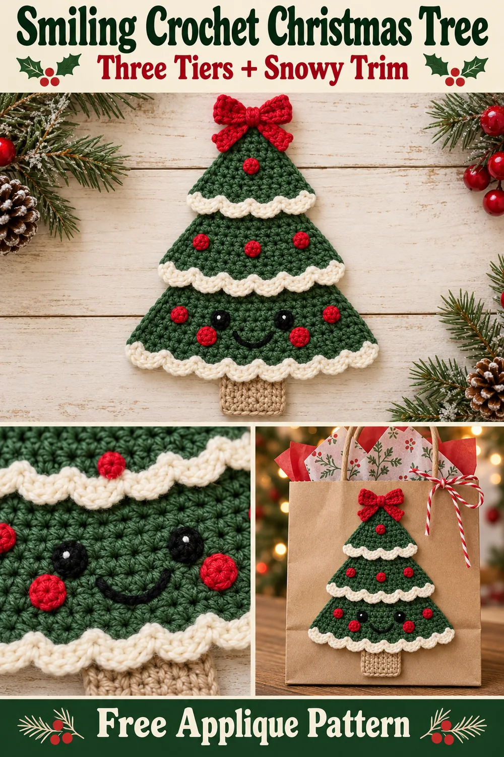 Smiling crochet Christmas tree collage showing the full applique face detail and a decorated gift bag