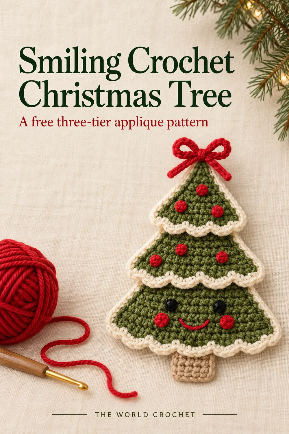 Smiling crochet Christmas tree on cream linen with red yarn and a green editorial title