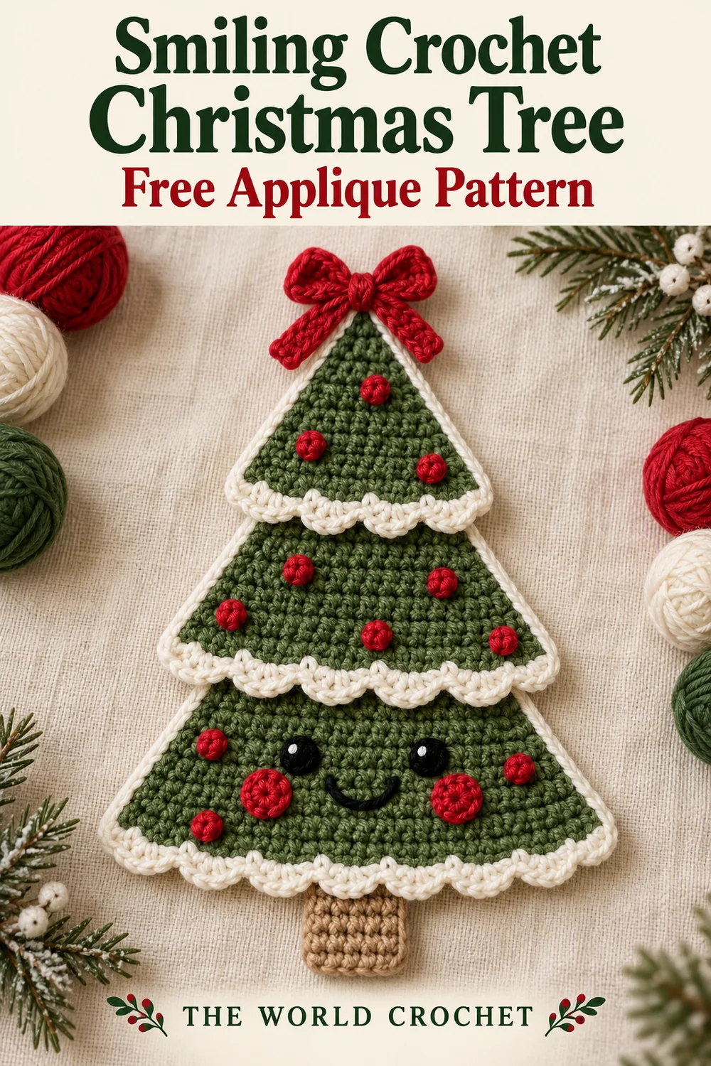 Smiling crochet Christmas tree with a cream title header and free applique pattern text