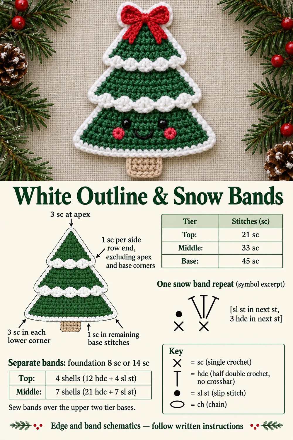 Smiling crochet Christmas tree white outline guide with border counts and a three-half-double-crochet snow shell