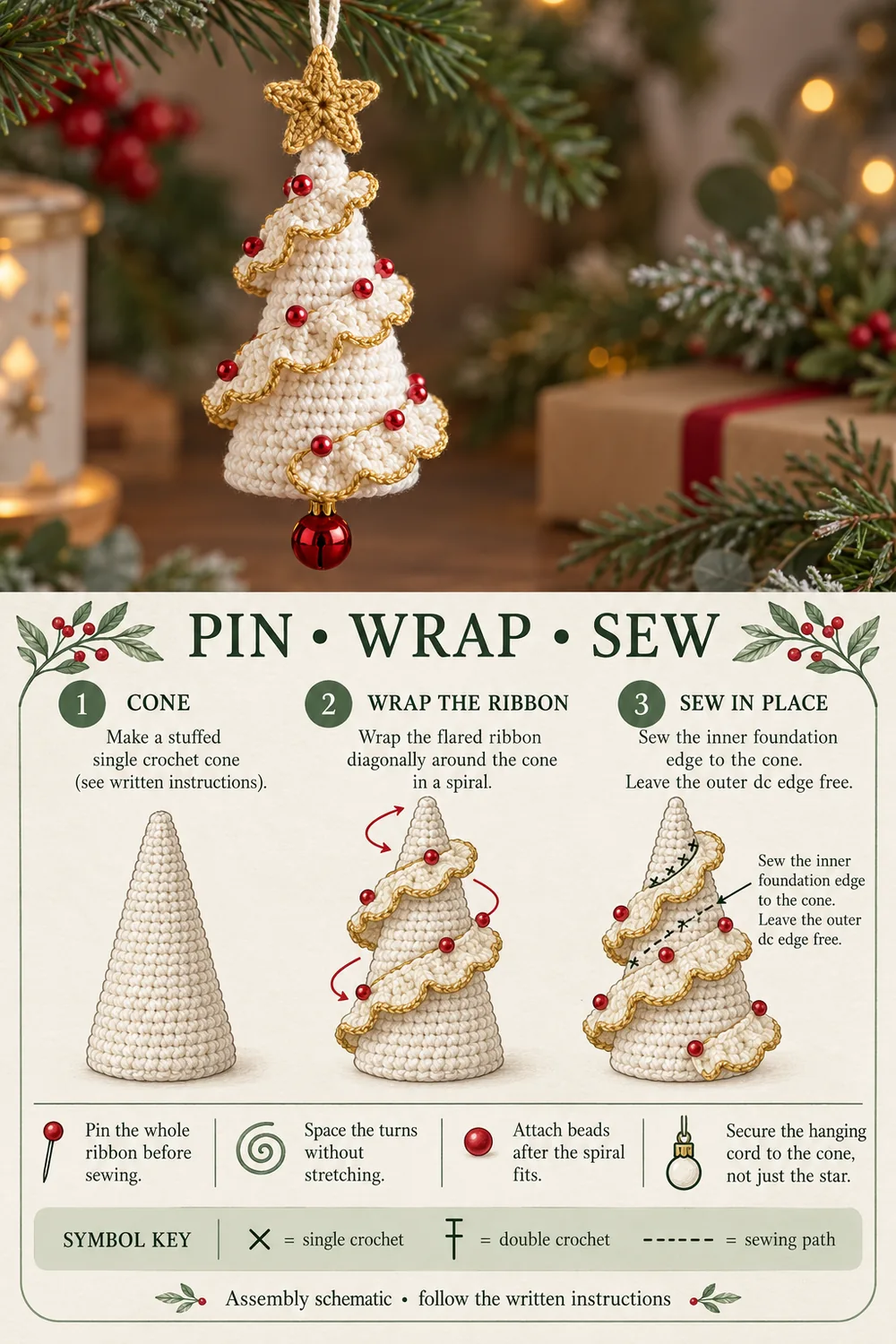 Spiral crochet Christmas tree assembly guide showing how to wrap and sew the inner ribbon edge