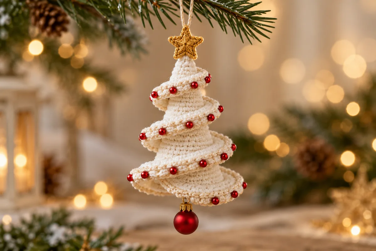 Spiral crochet Christmas tree with white ribbon red beads and a gold star