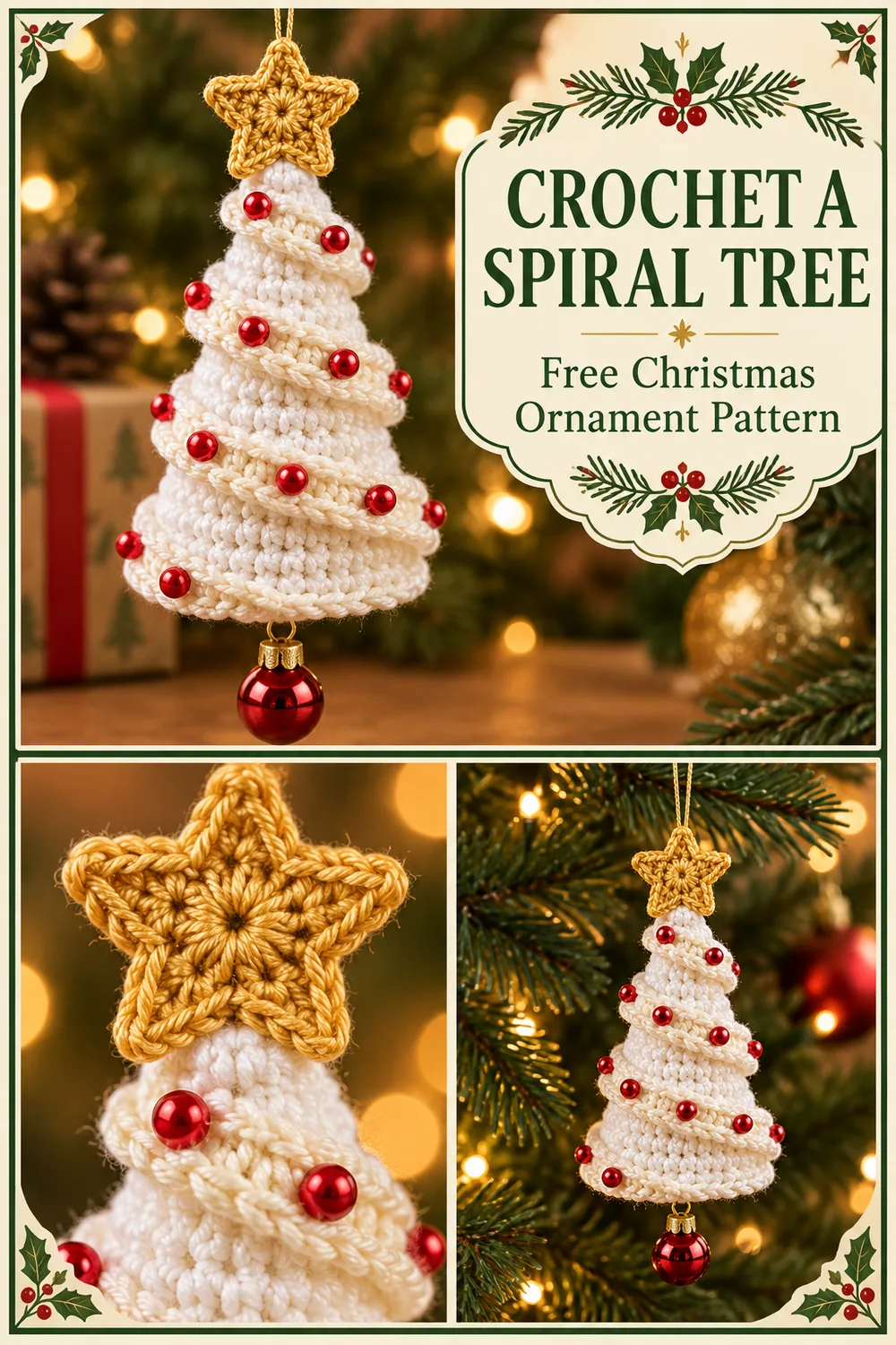 Spiral crochet Christmas tree collage with star and ribbon details