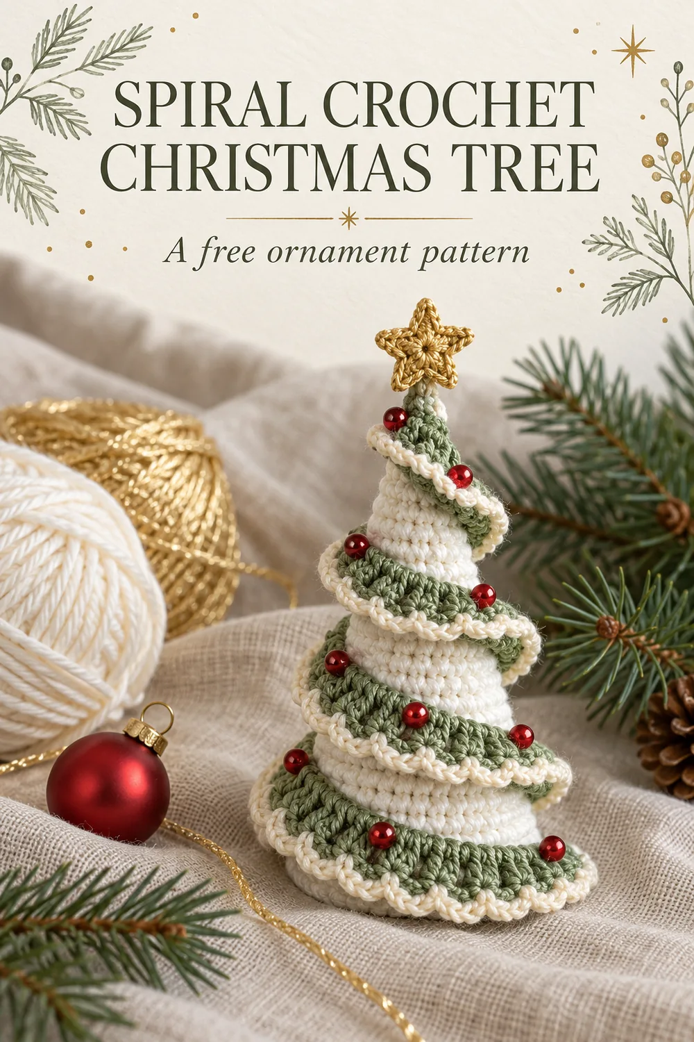 Spiral crochet Christmas tree with a sage ribbon on ivory linen