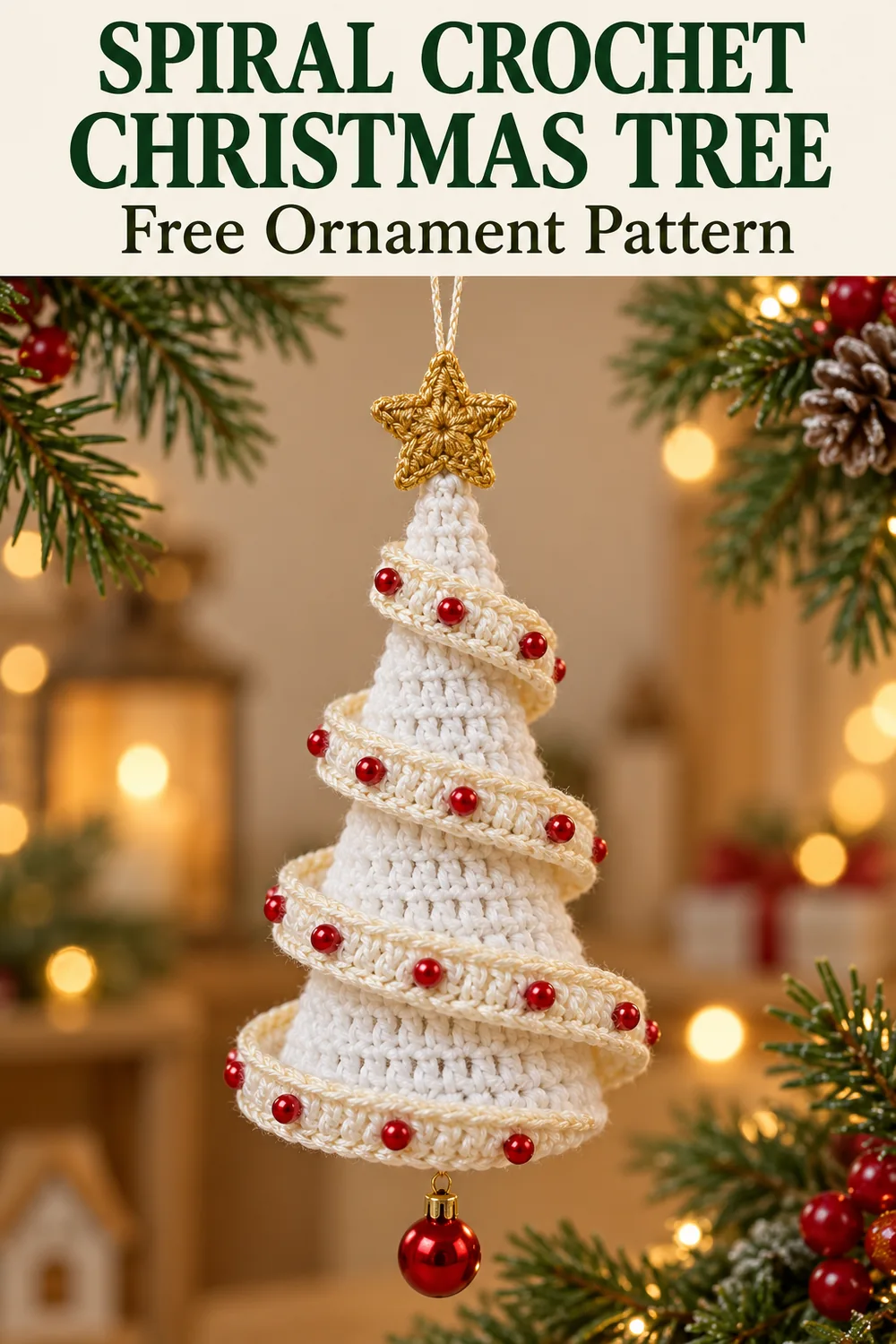 Spiral crochet Christmas tree with a large green title above the ornament