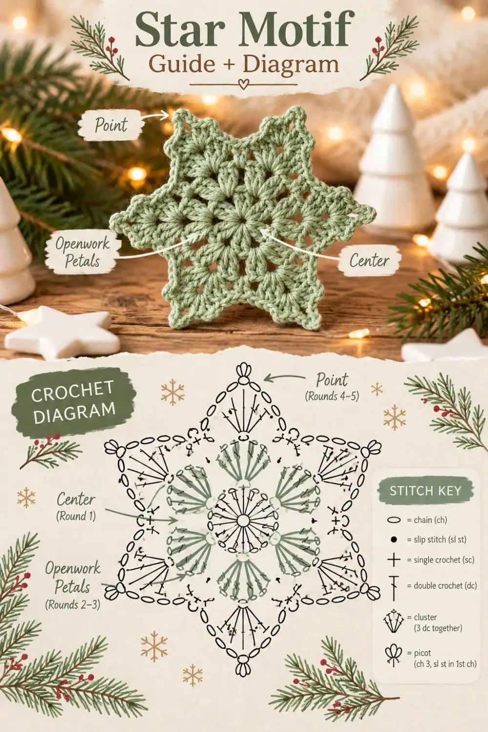 Labeled sage green crochet motif and illustrative stitch diagram.