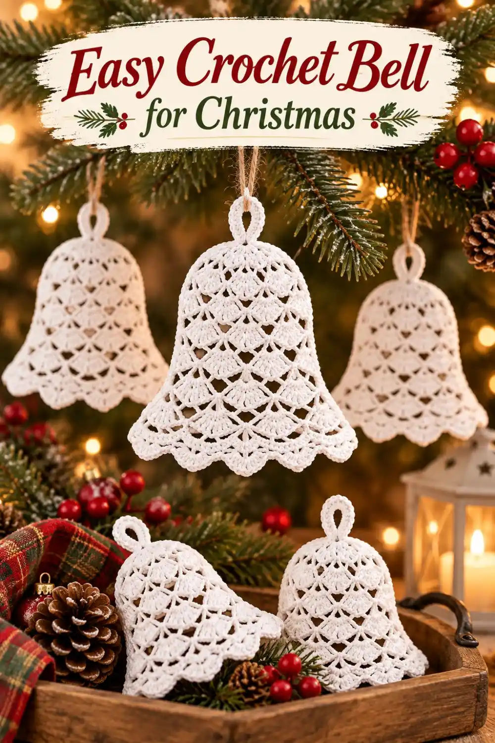 White lace crochet bells hanging among Christmas greenery and arranged in a wooden tray.